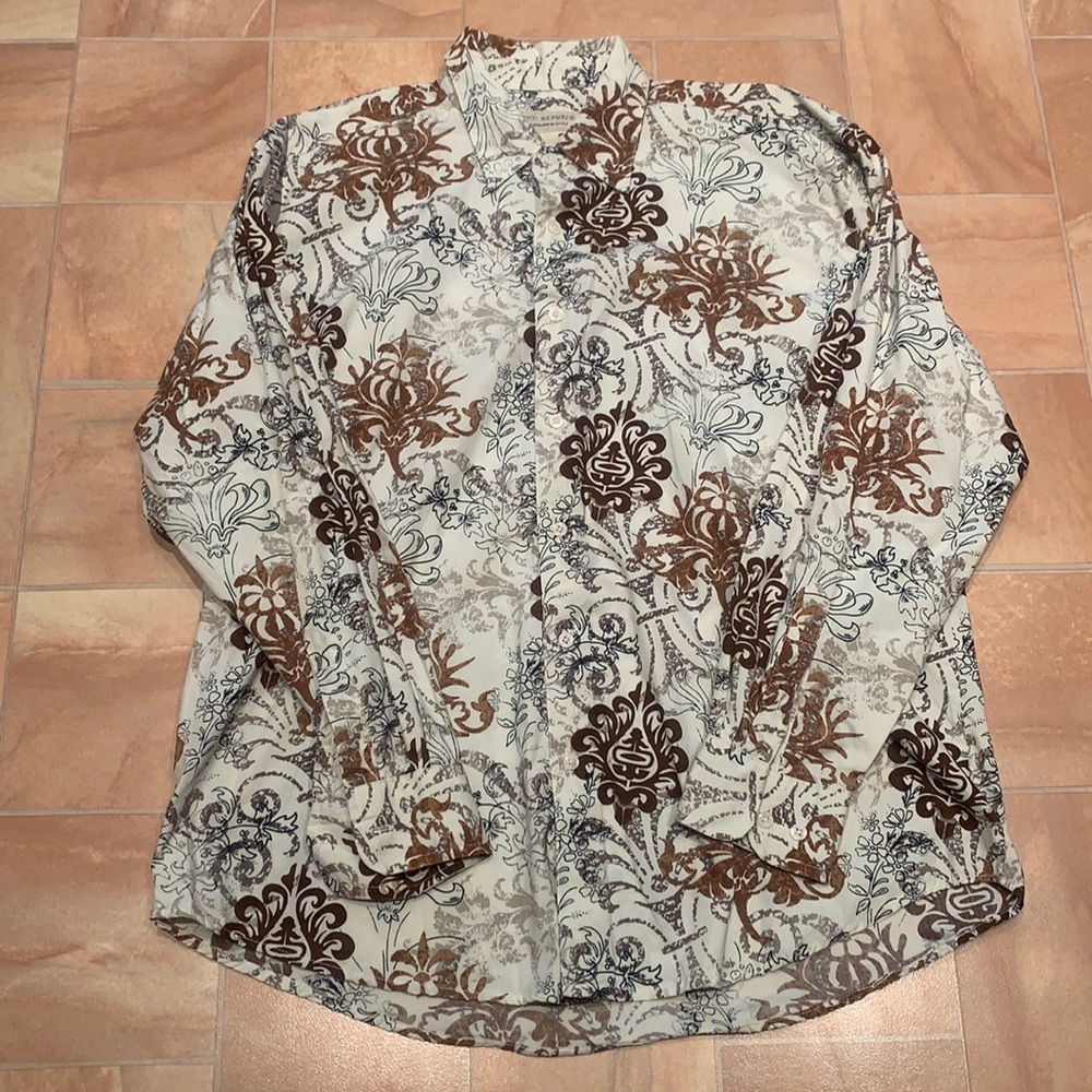Island Republic Men's Brown & White Graphic Print Button Down Long Sleeve Shirt